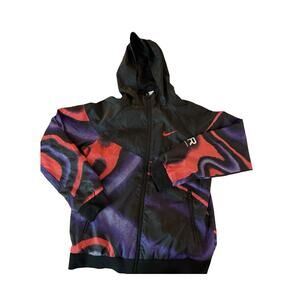 Nike Jacket Boys Size L Black Red Hooded Windbreaker Zip Up Pockets Mesh Lined
